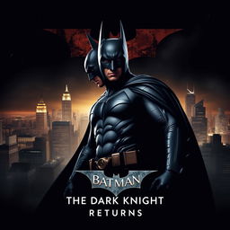 A movie poster featuring Batman in a dramatic pose, with Gotham City in the background