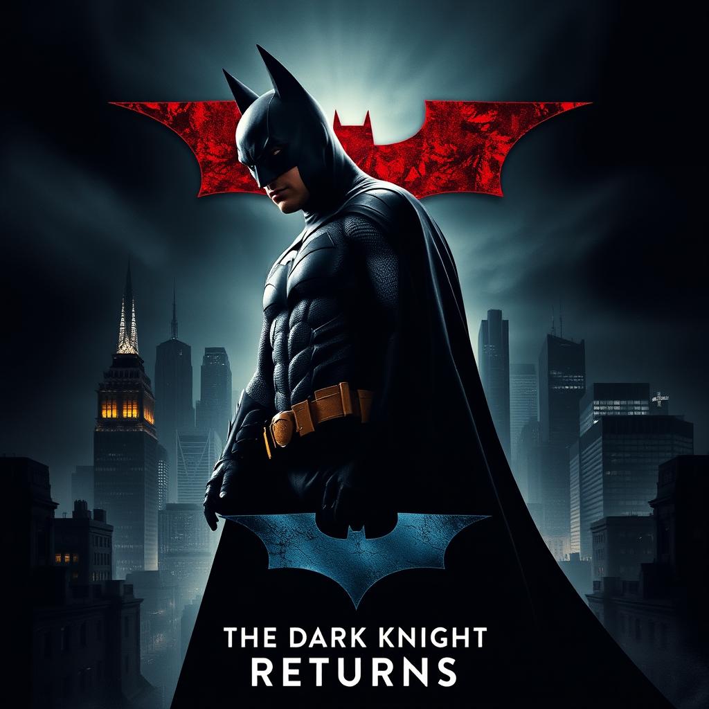 A movie poster featuring Batman in a dramatic pose, with Gotham City in the background