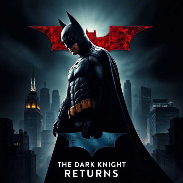 A movie poster featuring Batman in a dramatic pose, with Gotham City in the background