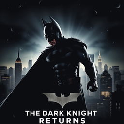 A movie poster featuring Batman in a dramatic pose, with Gotham City in the background