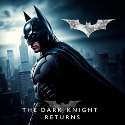 A movie poster featuring Batman in a dramatic pose, with Gotham City in the background