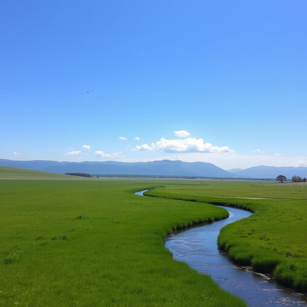 A serene landscape featuring a clear blue sky, lush green meadows, and a gentle river flowing through the scene