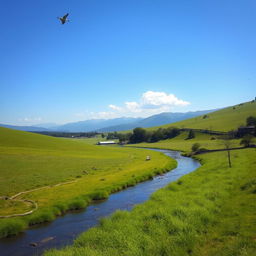 A serene landscape featuring a clear blue sky, lush green meadows, and a gentle river flowing through the scene