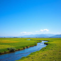 A serene landscape featuring a clear blue sky, lush green meadows, and a gentle river flowing through the scene