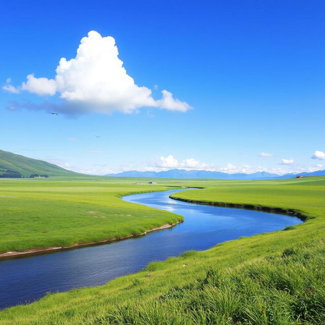 A serene landscape featuring a clear blue sky, lush green meadows, and a gentle river flowing through the scene