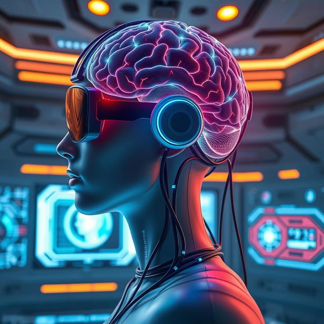 A futuristic scene featuring a brain-computer interface, showing a person connected to a high-tech device that allows direct communication between their brain and a computer