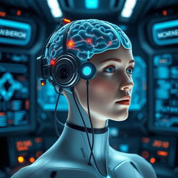 A futuristic scene featuring a brain-computer interface, showing a person connected to a high-tech device that allows direct communication between their brain and a computer