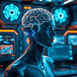 A futuristic scene featuring a brain-computer interface, showing a person connected to a high-tech device that allows direct communication between their brain and a computer