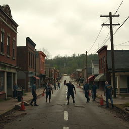 A dramatic scene depicting the beginning of a zombie apocalypse in a small town