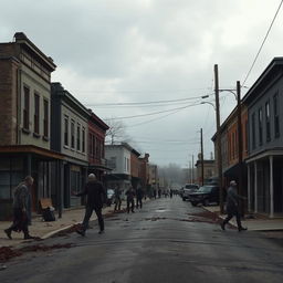 A dramatic scene depicting the beginning of a zombie apocalypse in a small town