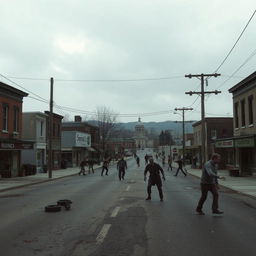 A dramatic scene depicting the beginning of a zombie apocalypse in a small town