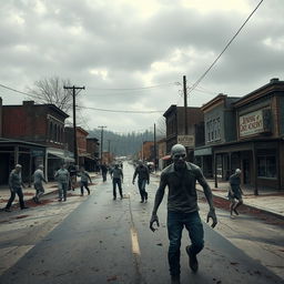 A dramatic scene depicting the beginning of a zombie apocalypse in a small town