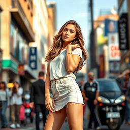 A stylish young woman wearing a fashionable mini skirt, posing confidently in a trendy urban setting