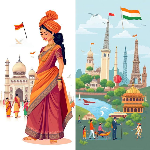 A vibrant illustration showcasing the contrast between Indian and Western culture