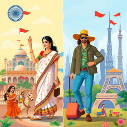 A vibrant illustration showcasing the contrast between Indian and Western culture