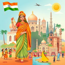 A vibrant illustration showcasing the contrast between Indian and Western culture