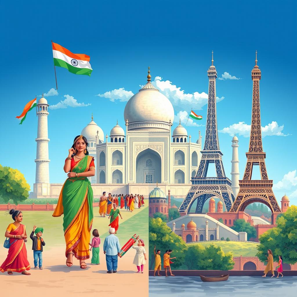 A high-definition illustration showcasing the contrast between Indian and Western culture