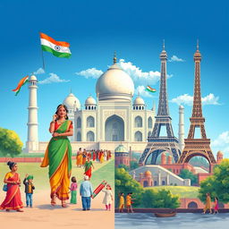 A high-definition illustration showcasing the contrast between Indian and Western culture