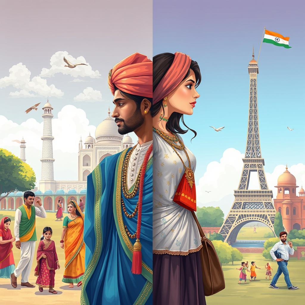 A high-definition illustration showcasing the contrast between Indian and Western culture