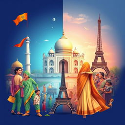 A high-definition illustration showcasing the contrast between Indian and Western culture