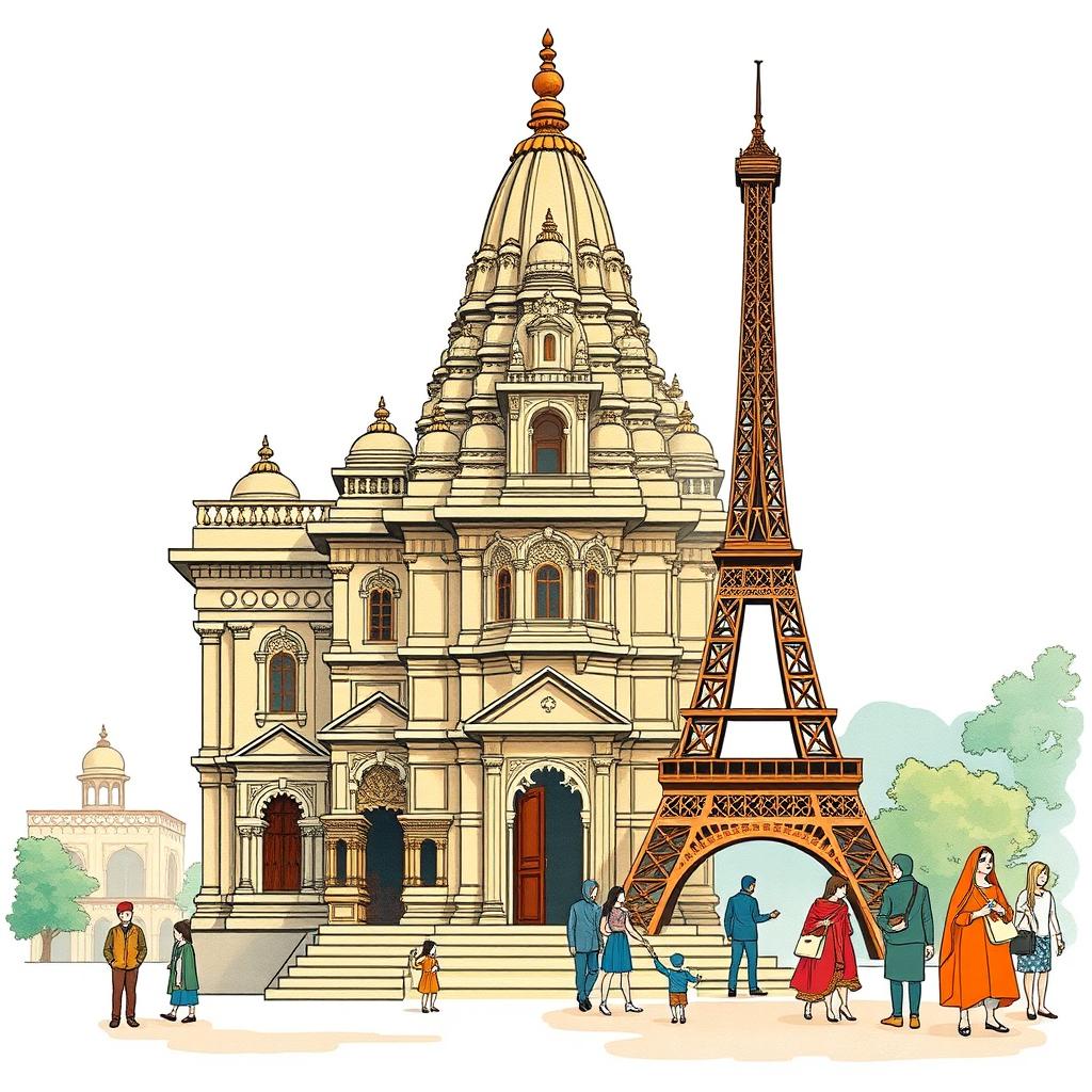 An illustration highlighting the contrast between an Indian temple and Western culture