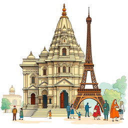 An illustration highlighting the contrast between an Indian temple and Western culture