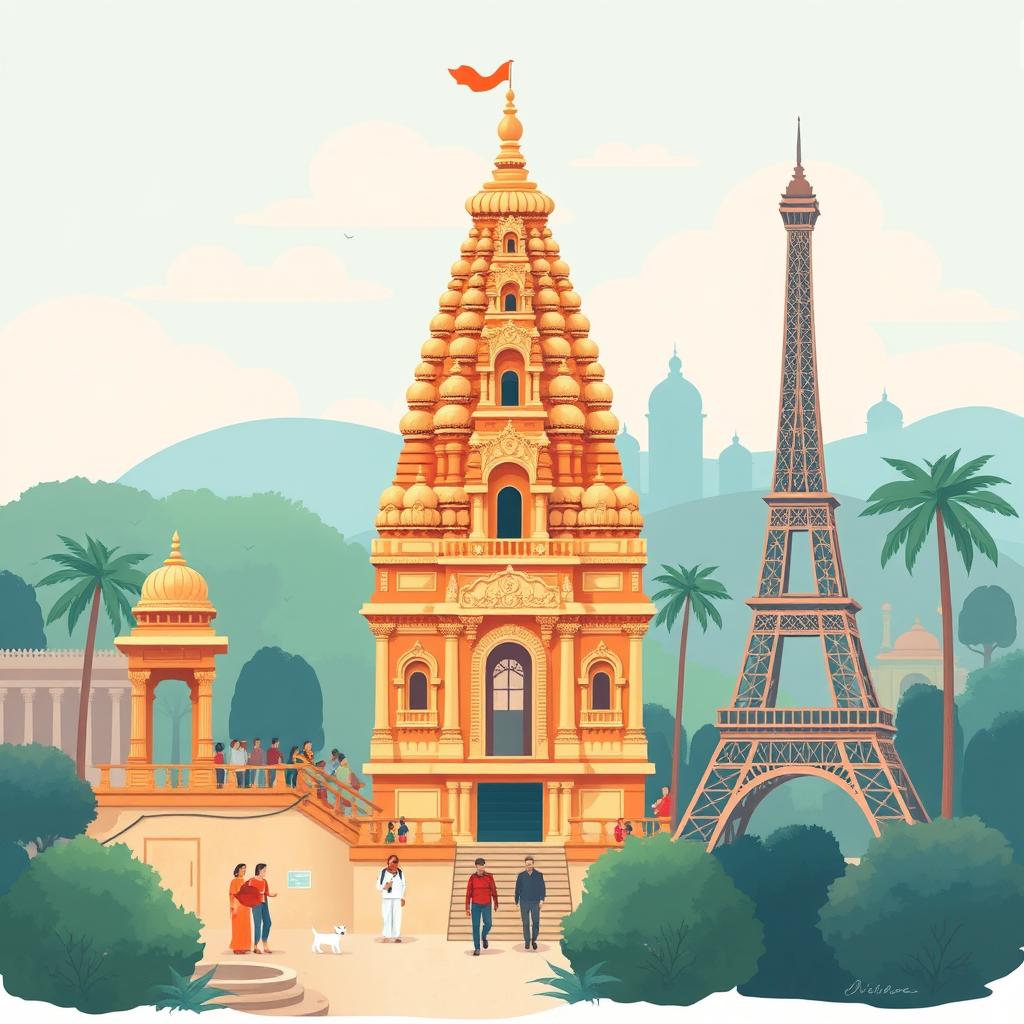 An illustration highlighting the contrast between an Indian temple and Western culture