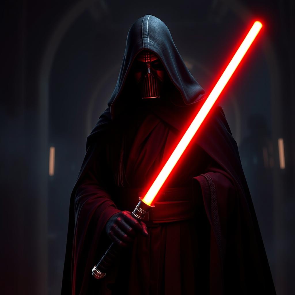 Create an image of a Sith Lord, a dark and menacing figure with a red lightsaber, wearing black robes, and standing in a dimly lit environment with a dark and ominous atmosphere