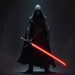 Create an image of a Sith Lord, a dark and menacing figure with a red lightsaber, wearing sleeveless black robes and large pants