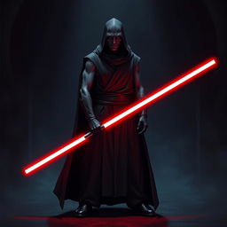 Create an image of a Sith Lord, a dark and menacing figure with a red lightsaber, wearing sleeveless black robes and large pants