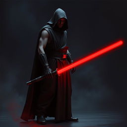 Create an image of a Sith Lord, a dark and menacing figure with a red lightsaber, wearing sleeveless black robes and large pants