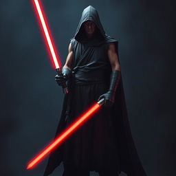 Create an image of a Sith Lord, a dark and menacing figure with a red lightsaber, wearing sleeveless black robes and large pants