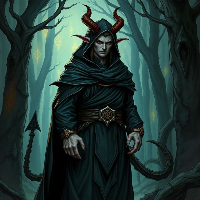 A detailed illustration of a Tiefling warlock