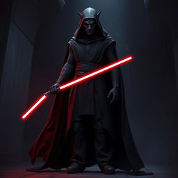 Create an image of a Sith Lord, a dark and menacing figure with a red lightsaber