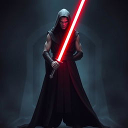 Create an image of a Sith Lord, a dark and menacing figure with a red lightsaber