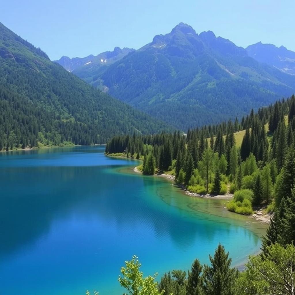 A beautiful landscape with a serene lake surrounded by lush greenery and mountains in the background under a clear blue sky.