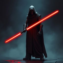 Create an image of a Sith Lord, a dark and menacing figure with a red lightsaber