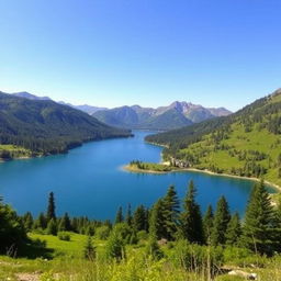 A beautiful landscape with a serene lake surrounded by lush greenery and mountains in the background under a clear blue sky.