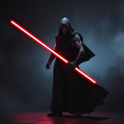 Create an image of a Sith Lord, a dark and menacing figure with a red lightsaber