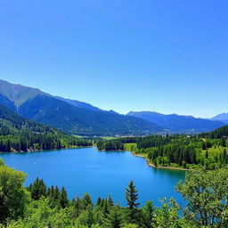 A beautiful landscape with a serene lake surrounded by lush greenery and mountains in the background under a clear blue sky.