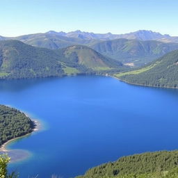 A beautiful landscape with a serene lake surrounded by lush greenery and mountains in the background under a clear blue sky.