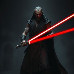 Create an image of a Sith Lord, a dark and menacing figure with a red lightsaber