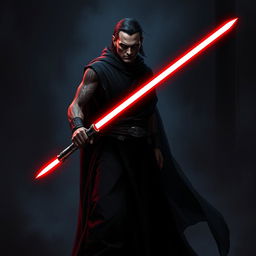 Create an image of a Sith Lord, a dark and menacing figure with a red lightsaber