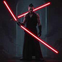 Create an image of a Sith Lord, a dark and menacing figure with a red lightsaber