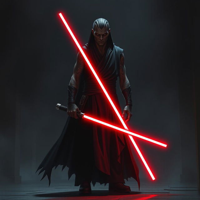 Create an image of a Sith Lord, a dark and menacing figure with a red lightsaber