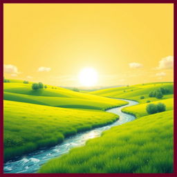 Create an image that is vibrant and colorful, showcasing a beautiful landscape with a bright sky, lush green fields, and a sparkling river flowing through