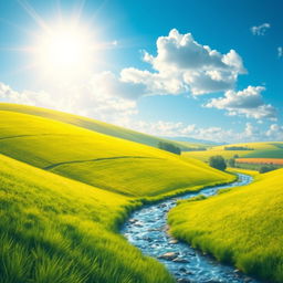 Create an image that is vibrant and colorful, showcasing a beautiful landscape with a bright sky, lush green fields, and a sparkling river flowing through