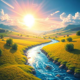 Create an image that is vibrant and colorful, showcasing a beautiful landscape with a bright sky, lush green fields, and a sparkling river flowing through