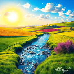 Create an image that is vibrant and colorful, showcasing a beautiful landscape with a bright sky, lush green fields, and a sparkling river flowing through