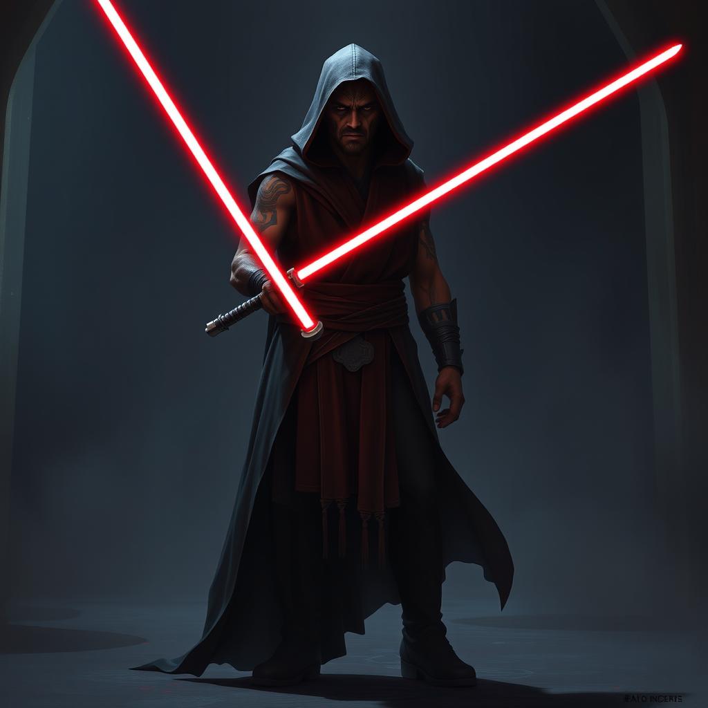 Create an image of a Sith Lord, a dark and menacing figure with a red lightsaber